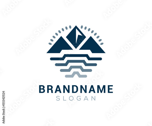 Mountain peak logo design icon. Outdoor hiking adventure emblem. Mountain summit vector illustration.