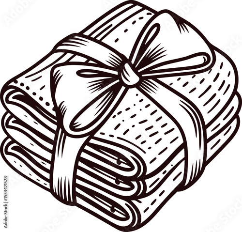 Folded towels with ribbon bow in vintage engraved hand drawn illustration of gift blanket stack isolated on white