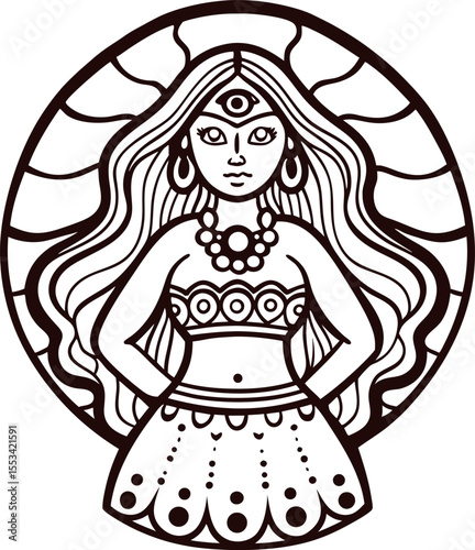 Mystical goddess with third eye and flowing hair in decorative mandala illustration