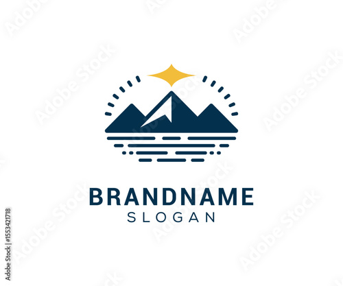 Mountain peak logo design icon. Outdoor hiking adventure emblem. Mountain summit vector illustration.