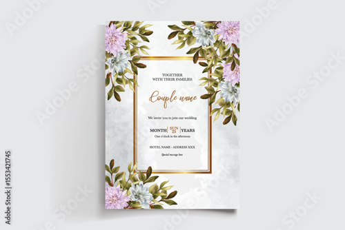 WEDDING INVITATION FRAME WITH FLOWER DECORATIONS AND FRESH LEAVES