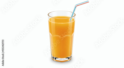 Detailed image of a glass of orange juice with a straw, isolated on white background, vibrant colors, no branding