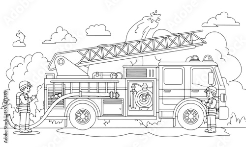 Fire Truck and Firefighters: Line Art for Courage and Teamwork (for Coloring)