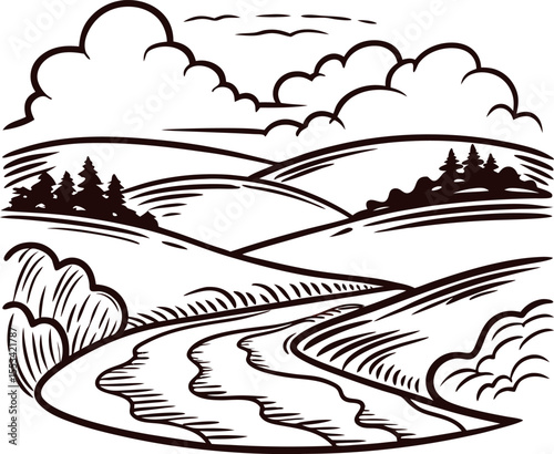 Hand drawn river winding through rolling hills with cloudy sky and distant trees, vintage sketch illustration