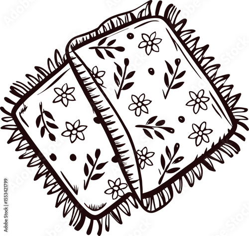 Vintage hand drawn decorative floral rug with fringes, folded, isolated on white background illustration