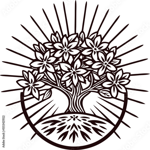 Floral blooming tree emblem with radiant sunbeams and decorative roots in vintage drawing