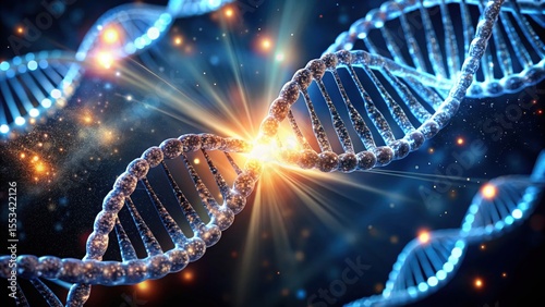 Double helix DNA strands are visualized with light emitting from a central connection in a blue tinted background.