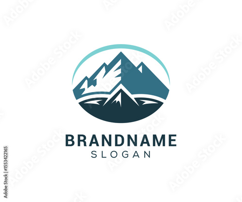 Mountain peak logo design icon. Outdoor hiking adventure emblem. Mountain summit vector illustration.