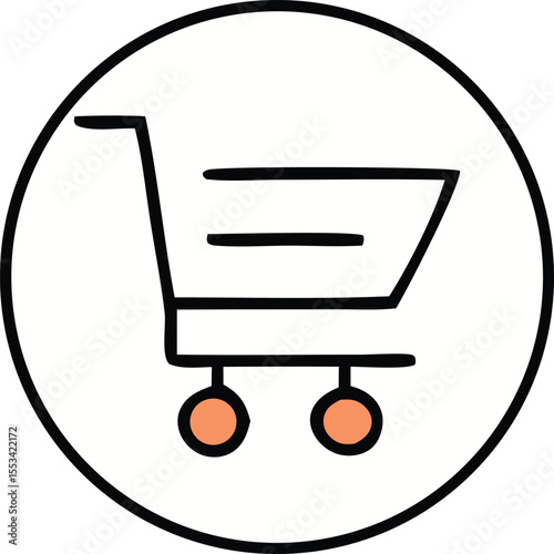 Simple hand drawn shopping cart icon with orange wheels inside a black circle representing online shopping and commerce