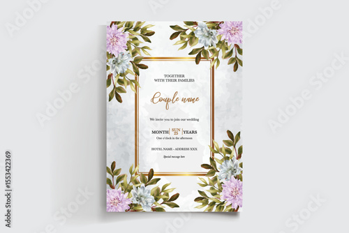 WEDDING INVITATION FRAME WITH FLOWER DECORATIONS AND FRESH LEAVES