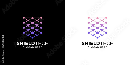 Shield tech logo design template. Abstract shape network connection symbol concept.