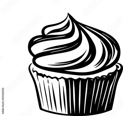 Hand drawn cupcake with swirled frosting isolated on white background vintage black and white illustration
