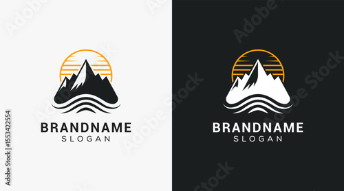 Mountain peak logo design icon. Outdoor hiking adventure emblem. Mountain summit vector illustration.
