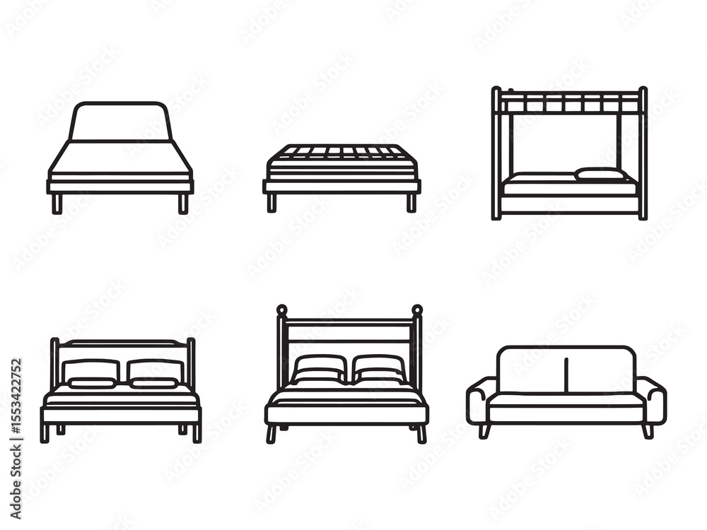 Simple bedroom furniture bed drawing in line art style Simple bedroom furniture bed drawing in line art style