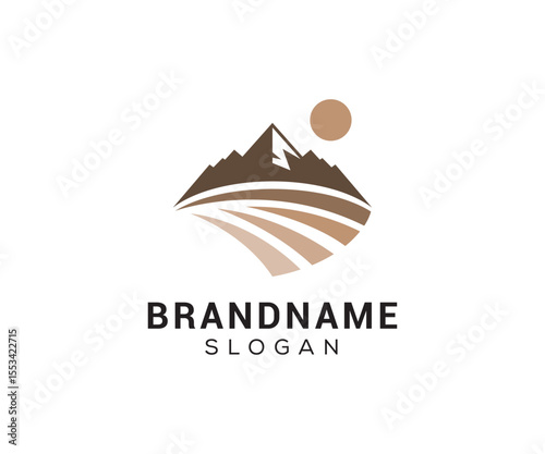 Mountain peak logo design icon. Outdoor hiking adventure emblem. Mountain summit vector illustration.