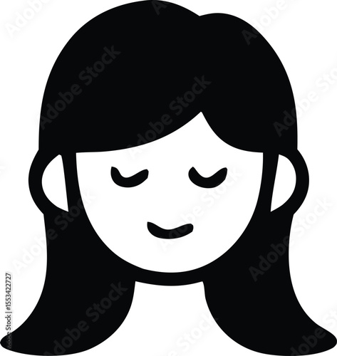 Simple black and white icon of a young woman with long hair smiling with closed eyes conveying happiness and peace
