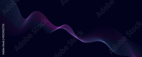 Abstract glowing wave lines on dark blue background. Dynamic wave pattern. Modern flowing wavy lines. Futuristic technology concept. Suit for banner, poster, cover, brochure, flyer, website
