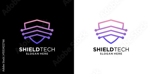 Shield tech logo design template. Abstract shape network connection symbol concept.