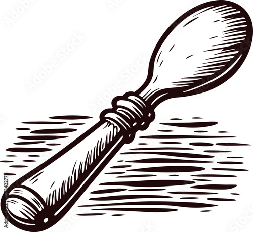 Hand drawn wooden spoon with engraved handle isolated on white background illustration
