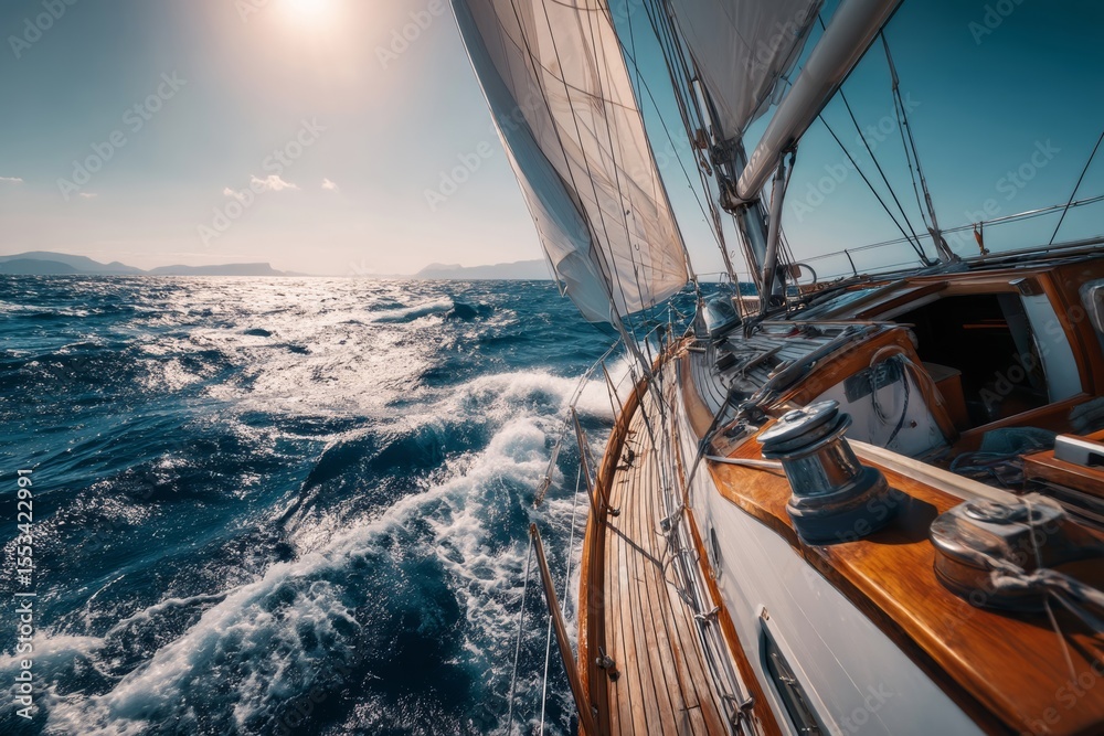 Obraz premium Sailboat sailing on the sea with billowing sails under a bright, sunny sky.