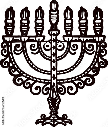 Ornate hand drawn menorah with intricate detailing and six candle holders in vintage black and white engraving