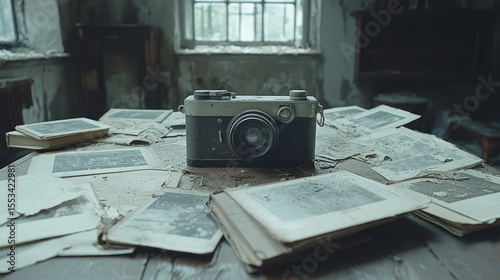 Dusty vintage camera on a weathered table cluttered with old photos