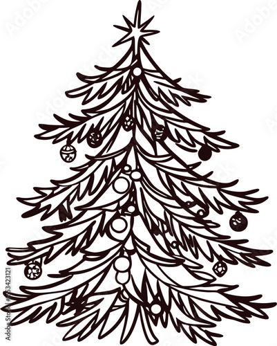 Hand drawn decorated christmas tree with detailed branches and ornaments in monochrome festive illustration