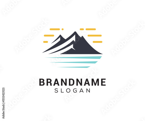 Mountain peak logo design icon. Outdoor hiking adventure emblem. Mountain summit vector illustration.