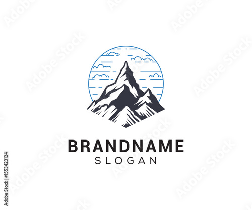 Mountain peak logo design icon. Outdoor hiking adventure emblem. Mountain summit vector illustration.