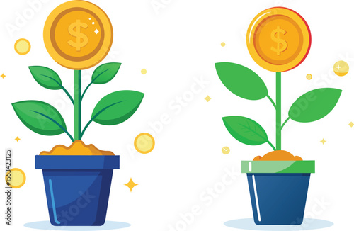 flower in pot with dollar coin design set vector illustration