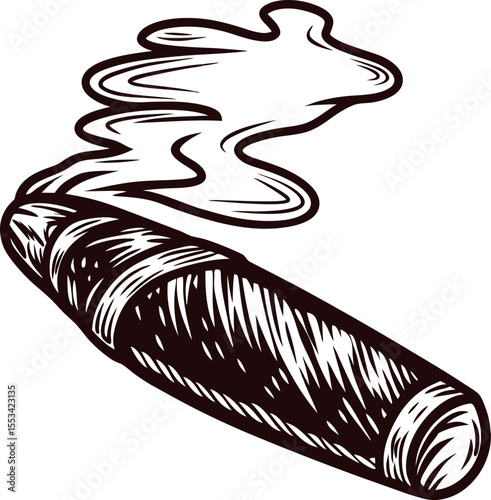 Hand drawn smoking cigar with curling smoke above vintage engraved sketch isolated on white background
