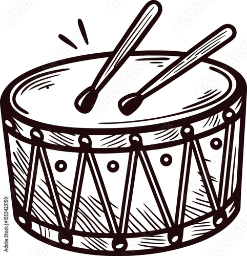 Hand drawn snare drum with drumsticks isolated on white background vintage musical instrument illustration