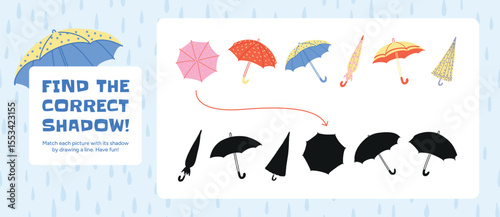Open and folded Colorful Umbrellas with patterns and curved handles. Shadow matching puzzle for kids. Educational game to find correct silhouette. Flat vector illustration for children.