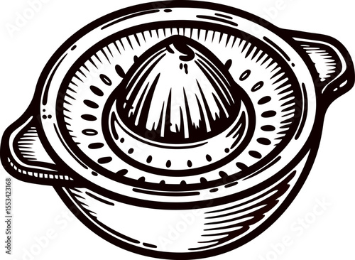Hand drawn vintage citrus juicer illustration with detailed engraved lines and classic kitchen utensil design