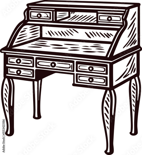Antique roll top writing desk with drawers and curved legs hand drawn in vintage sketch engraving