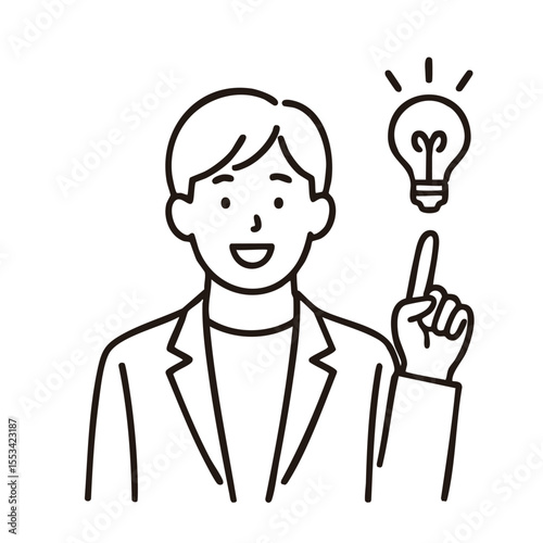 Businesswoman pointing at light-bulb idea, minimal line art illustration