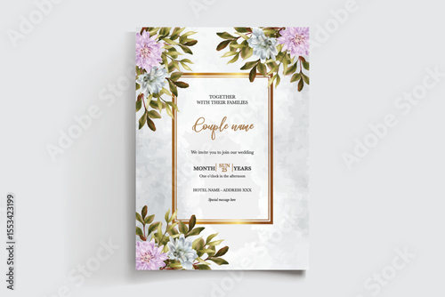 WEDDING INVITATION FRAME WITH FLOWER DECORATIONS AND FRESH LEAVES