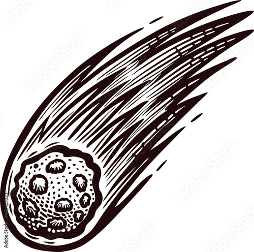 Hand drawn illustration of a fast moving meteor with flame trails and textured rocky surface