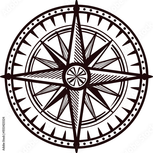 Intricately detailed black and white compass rose with bold points and circular ornamental border illustration