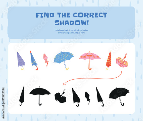 Colorful folded and open Umbrellas in different shapes and styles. Kids puzzle game to match each Umbrella with correct black Shadow silhouette. Illustration for children educational activity game