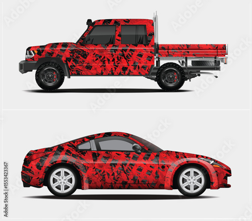 Red and Black Graphic Wraps for Pickup Truck and Sports Car