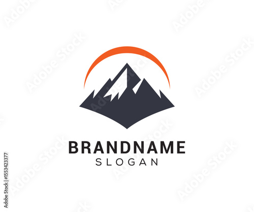 Mountain peak logo design icon. Outdoor hiking adventure emblem. Mountain summit vector illustration.