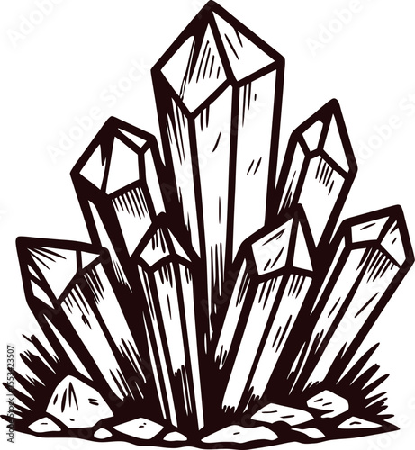 Hand drawn cluster of quartz crystals in vintage engraving isolated on white background
