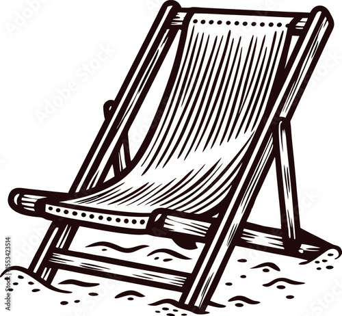 Vintage hand drawn wooden deck chair illustration on sandy ground