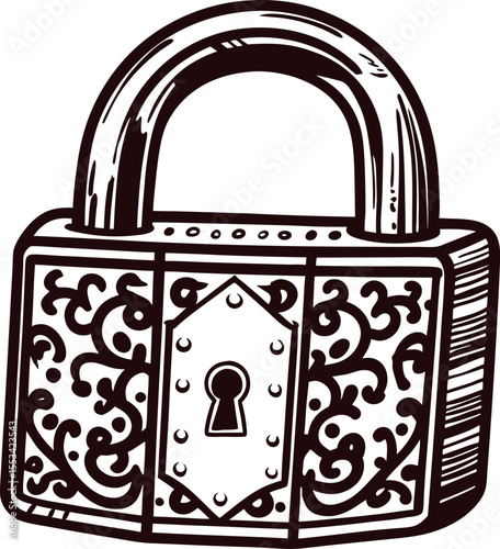 Vintage ornate padlock illustration with intricate floral details and classic keyhole hand drawn in black outline