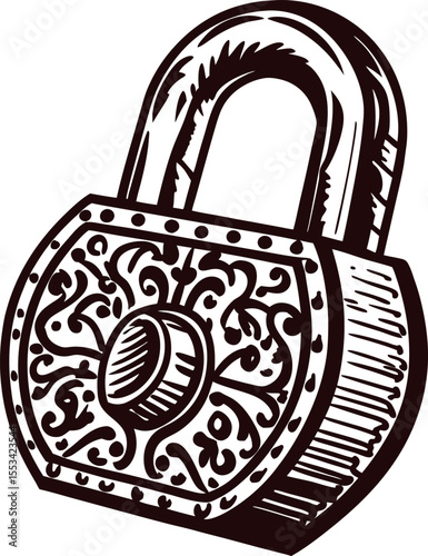 Vintage engraved illustration of an ornate padlock with intricate swirl ornament details and heavy shackle
