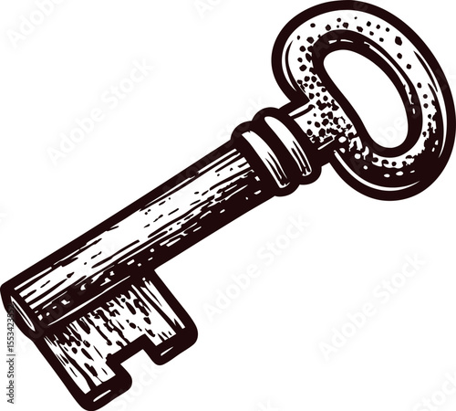 Vintage hand drawn illustration of an old metal key in engraved etching on white background