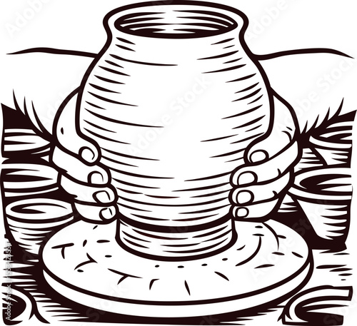 Hands shaping clay pot on spinning wheel, black and white woodcut illustration of pottery craftsmanship