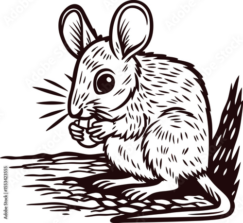 Vintage engraved illustration of a small mouse eating food with detailed fur and long tail