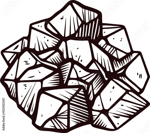 Hand drawn cluster of natural mineral crystals isolated on white background geometric monochrome sketch illustration